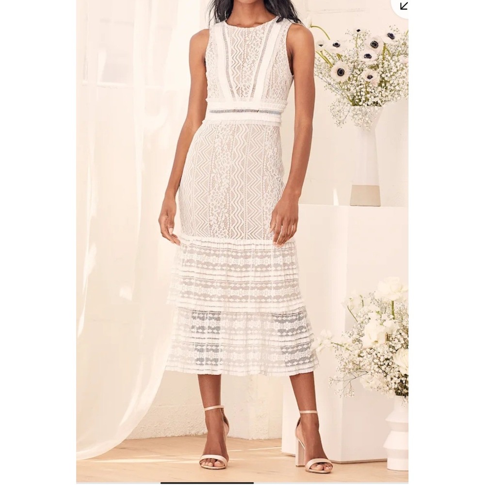 Lulus Garden Soiree White Lace Sleeveless Tiered Midi Dress V-BackbXL